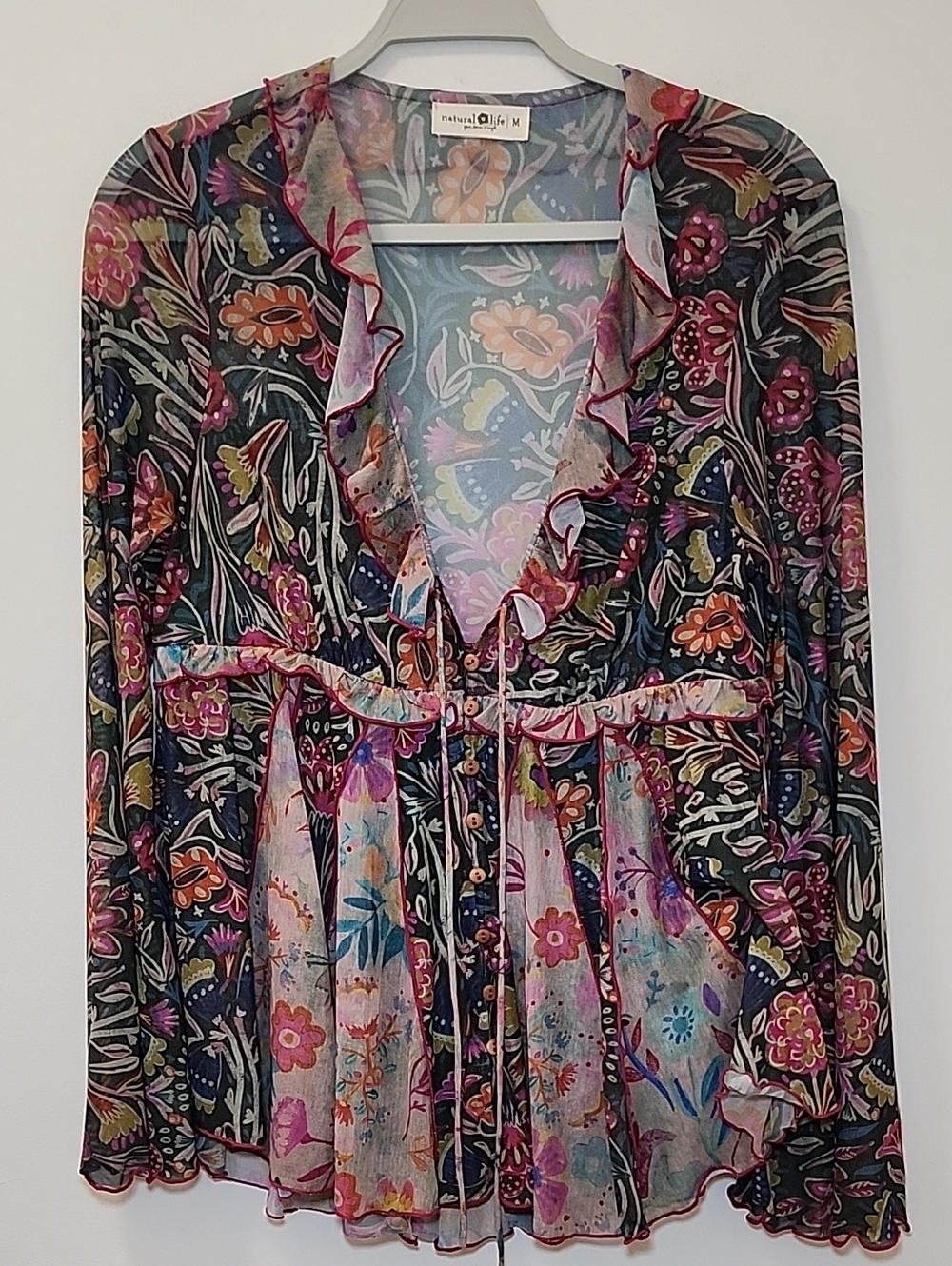 Natural Life ruffle mesh boho blouse with bell sleeves Size Meduim - Picture 3 of 16